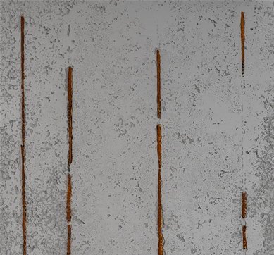 Hormigon Picado Grande concrete wall panel with rust bars from Stonini Concrete Range