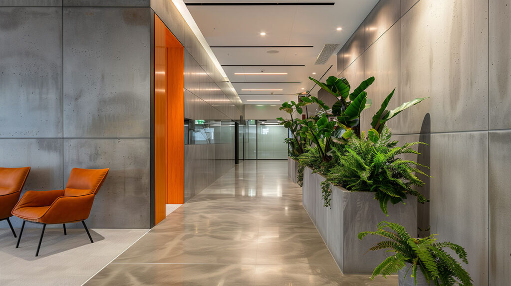 pitted concrete wall panels in office interior