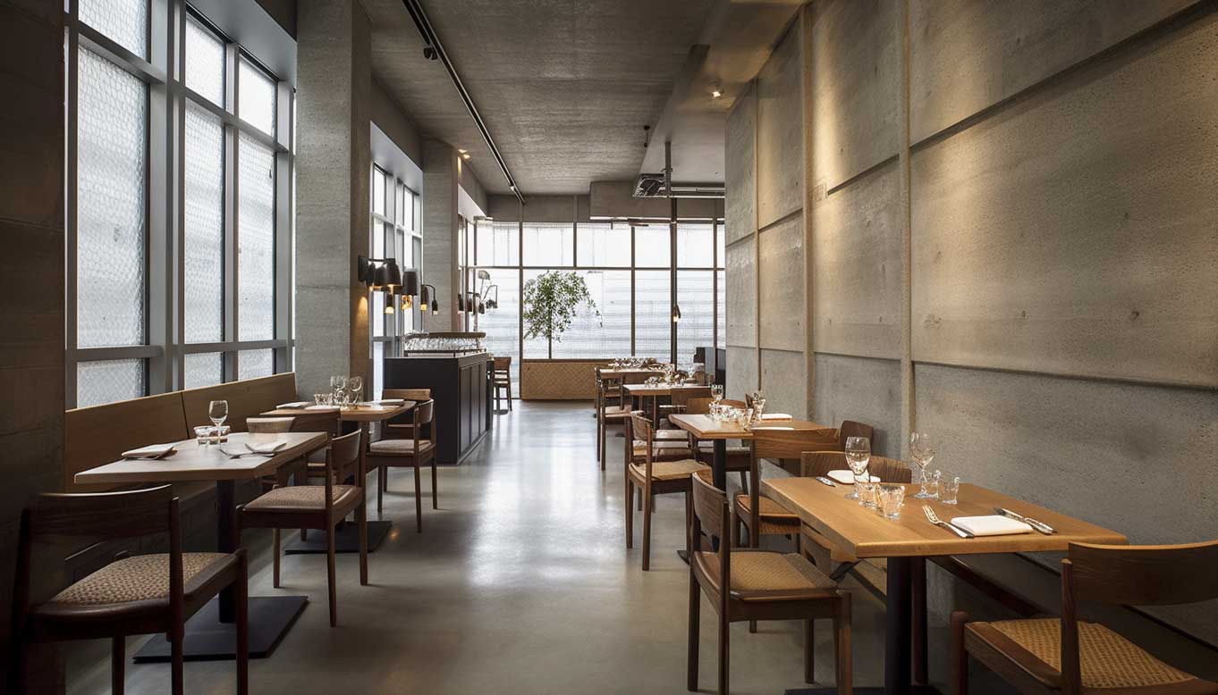 Concrete wall panels in restaurant