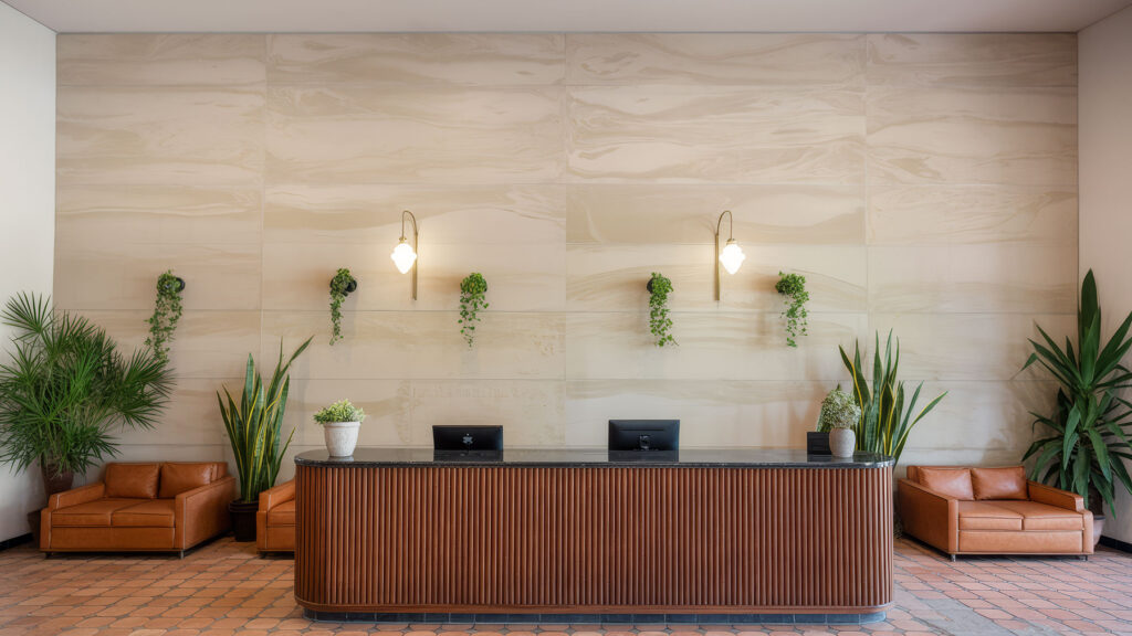 Boutique hotel lobby with statement faux marble wall panels creating a luxurious reception area. The lightweight interior cladding with a cream marble effect is paired with a fluted dark wood desk, brass sconces, and terracotta tile flooring