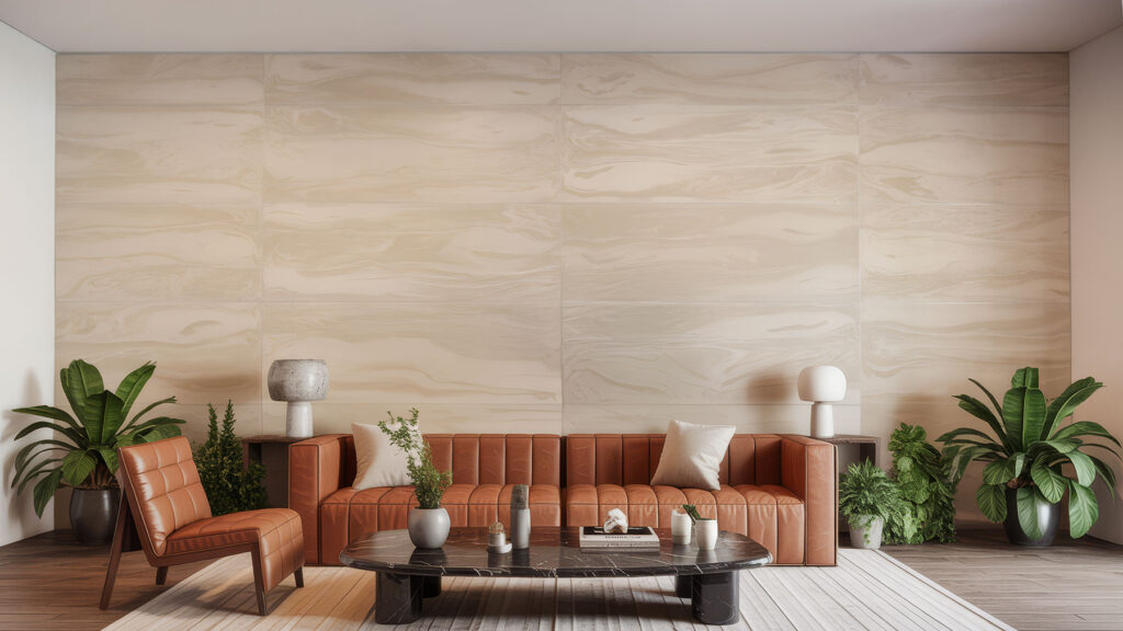 Spacious residential living room featuring a feature wall clad in large format, lightweight faux stone panels. The handcrafted, cream-coloured faux marble finish provides a sophisticated backdrop for a tan leather sofa and indoor plants