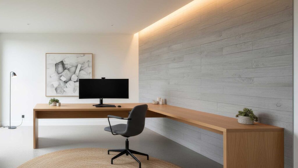 The board formed concrete panels serve as a striking feature wall, providing a textural contrast to the smooth, light wood of the built-in desk and cabinets in the home office.