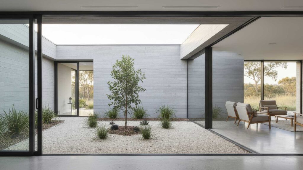 Board-formed concrete serves as a beautiful and textural backdrop for a serene courtyard