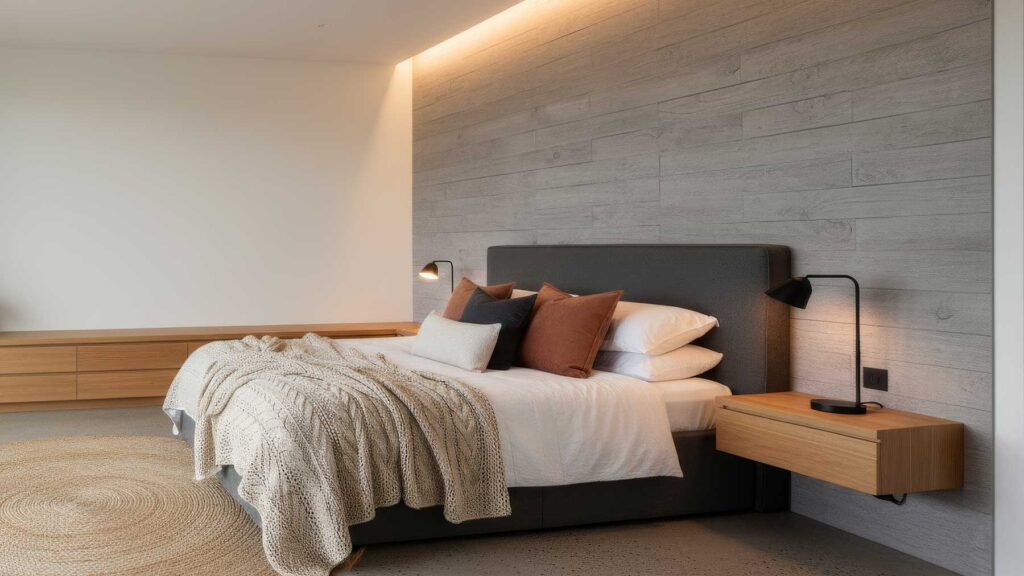 board formed concrete wall panels on the wall behind bed are softened by a mix of textiles, from the plush throw blanket to the scattered cushions in earthy tones. A simple, built-in wooden bench and floating bedside tables provide functional surfaces that complement the concrete's raw appeal. 