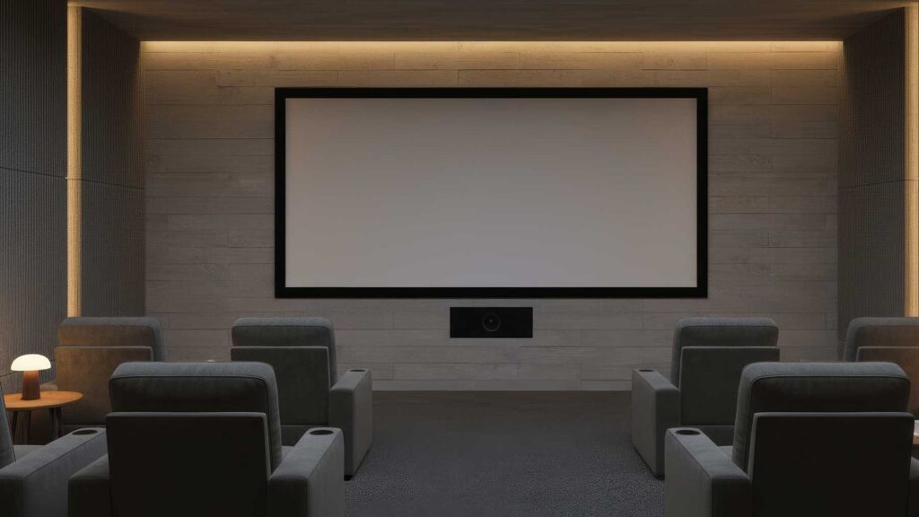 The horizontal lines of the board formed concrete panels draw the eye towards the central screen, while their textured surface helps to absorb sound and reduce echo, enhancing the room's acoustics for a cinema-like experience.