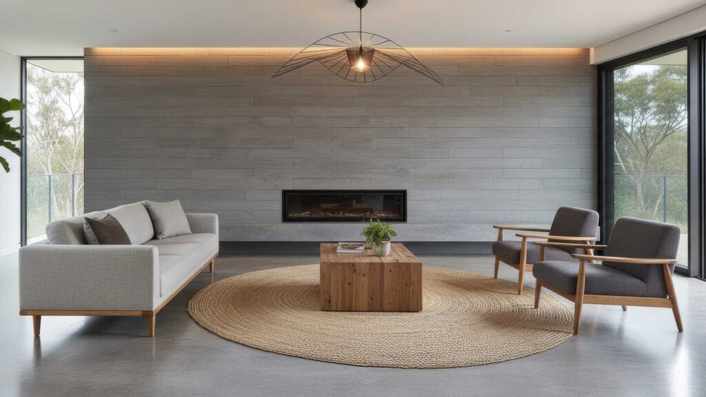 board formed concrete wall backdrop for the room's striking fireplace and elegant, recessed lighting