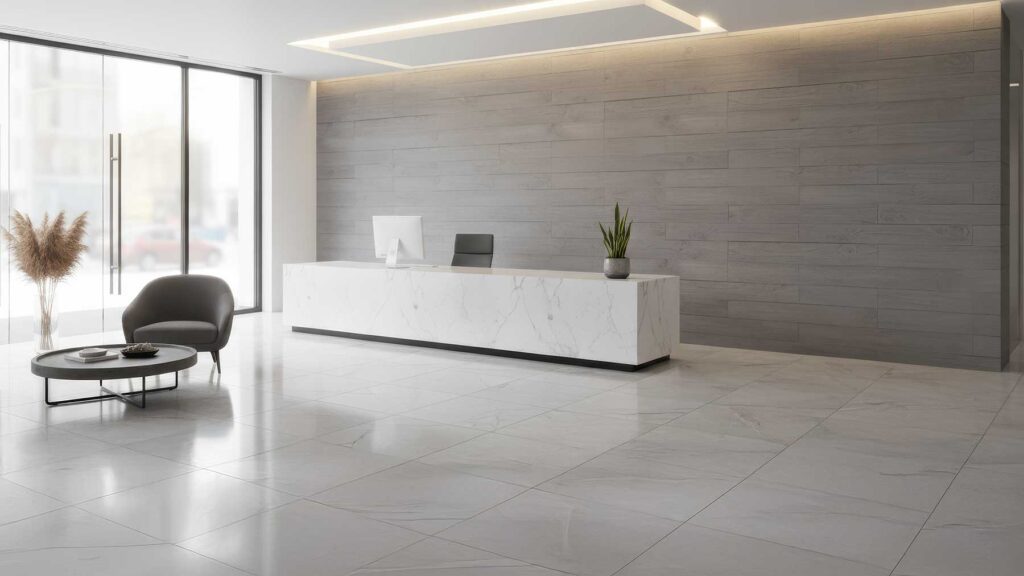 Faux board formed concrete panels are beautifully contrasted with a sleek, white marble reception desk and polished marble floors, creating a luxurious and clean aesthetic.