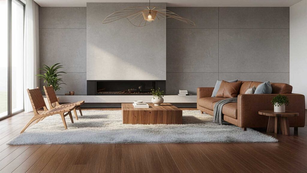 concrete wall panels in a living room near a fireplace