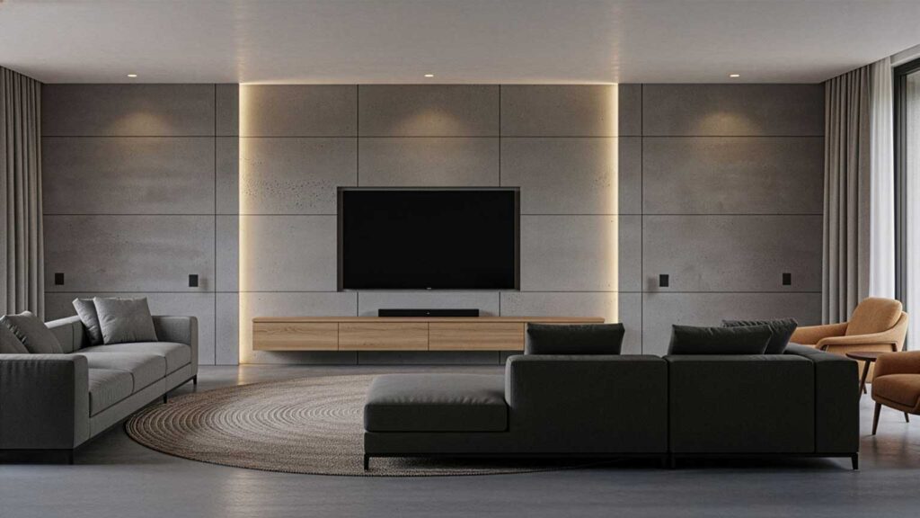 concrete wall panels in a media room