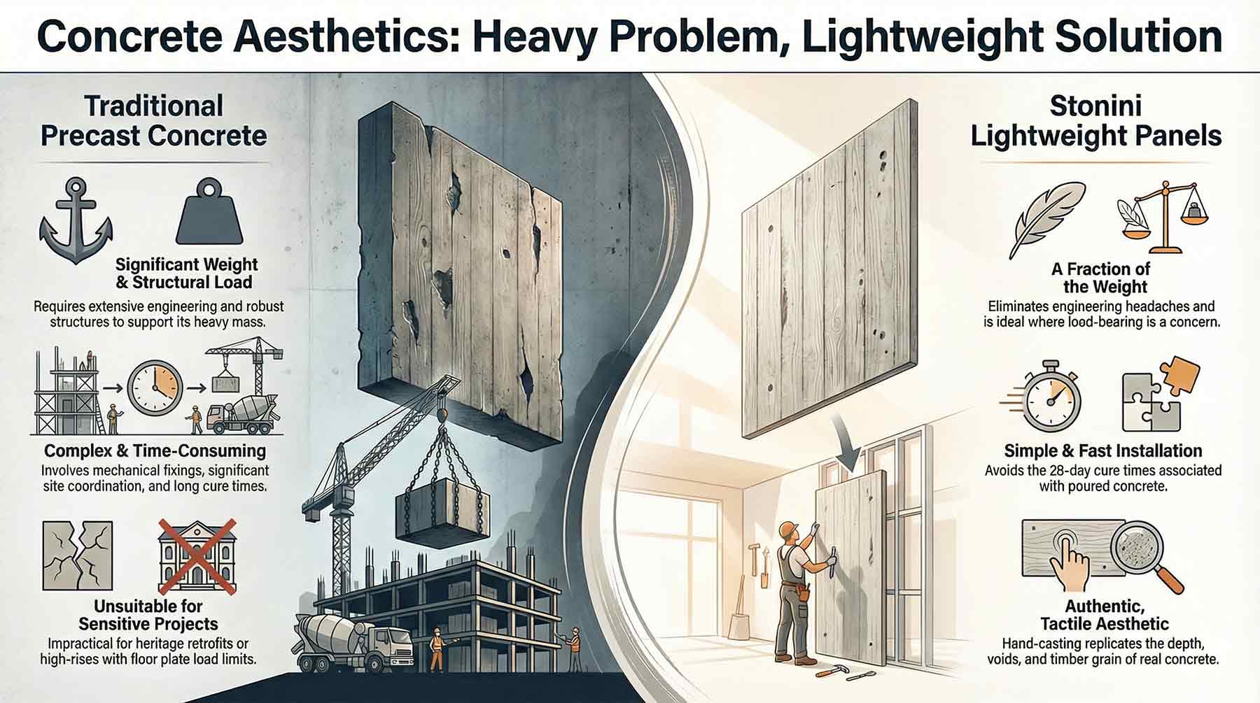 infographics with lightweight concrete wall panels vs traditional precast concrete
